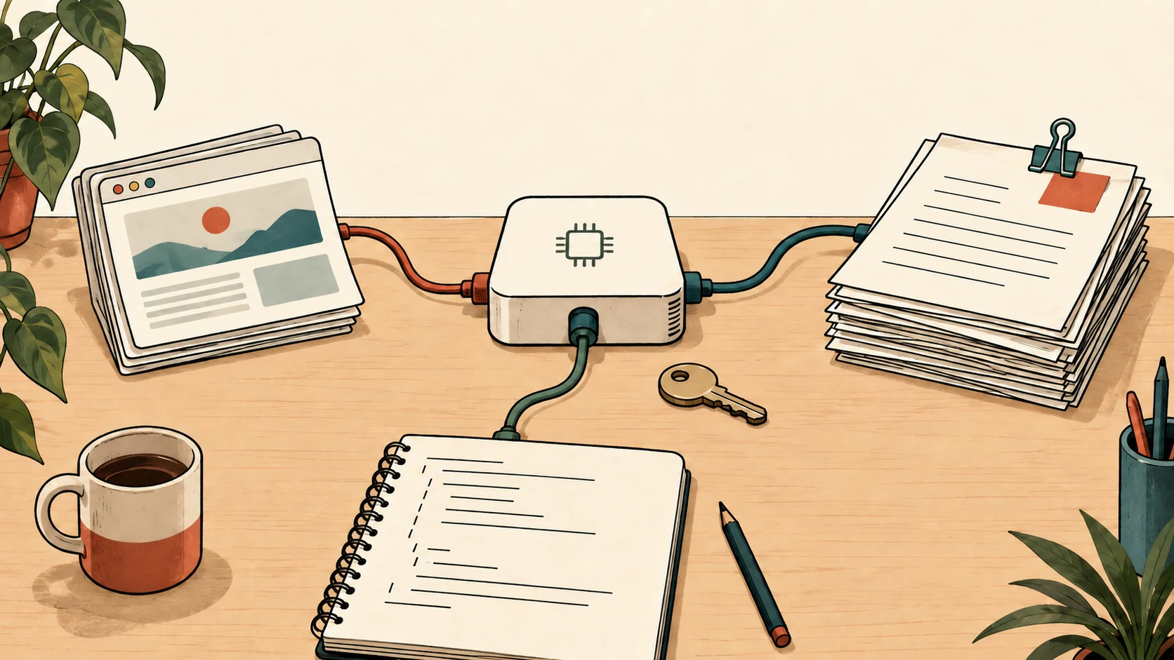 One model module connects to browser pages, a coding notebook and documents, with an access key nearby.