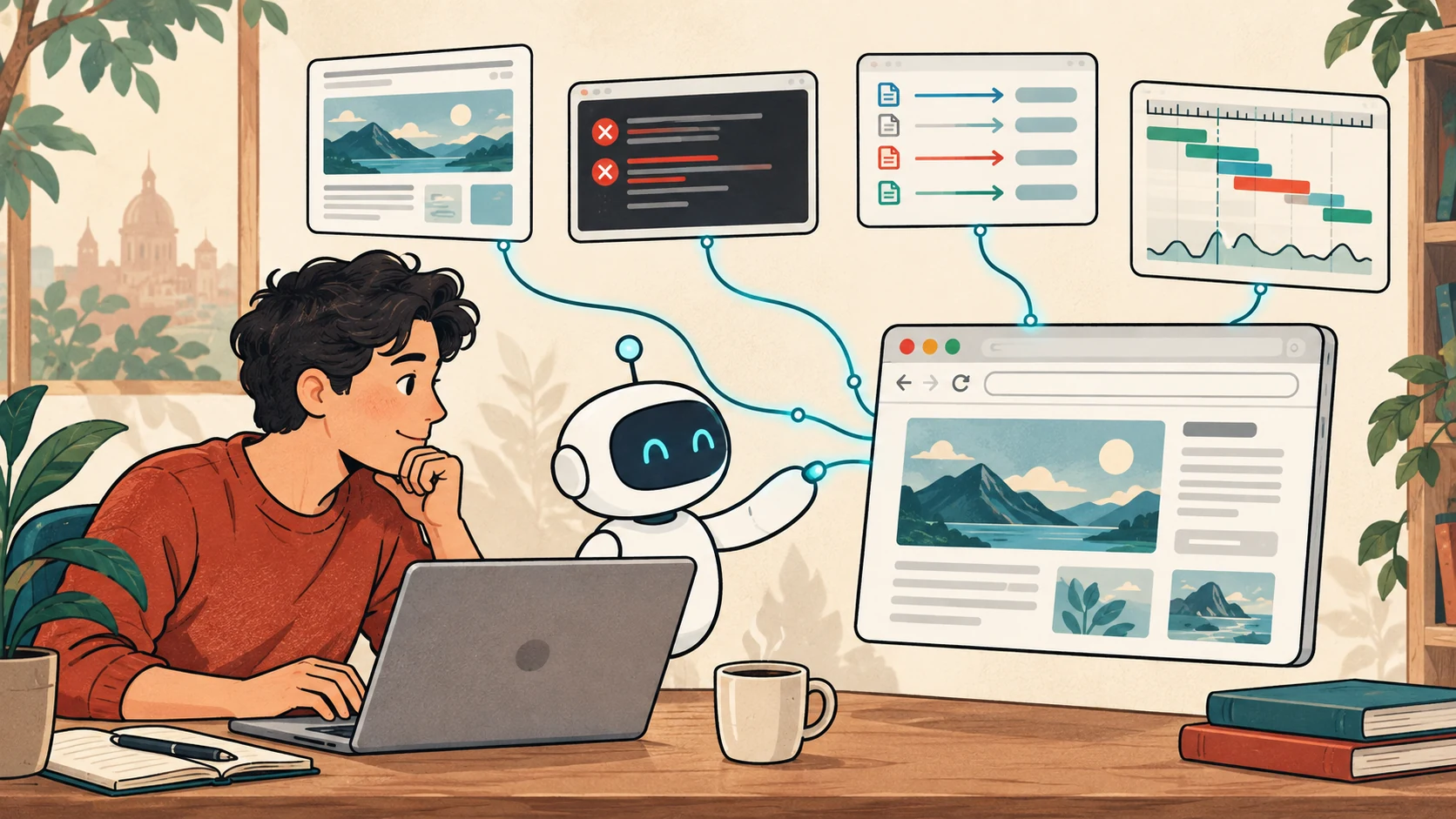 Illustration of a developer and assistant examining browser screenshots, console, network and performance information