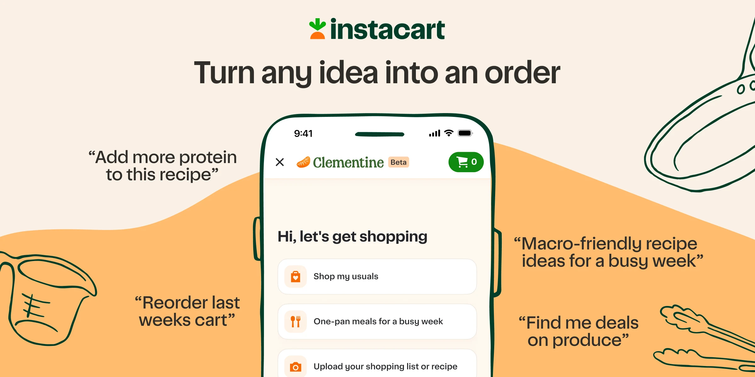 Instacart 官方 Clementine 界面图，展示补货、菜谱与上传购物清单入口