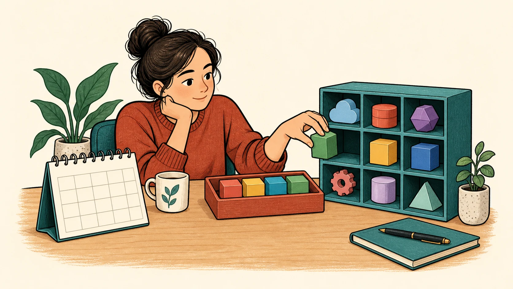A person rearranges modular blocks beside a calendar, representing changes to a service's available components.