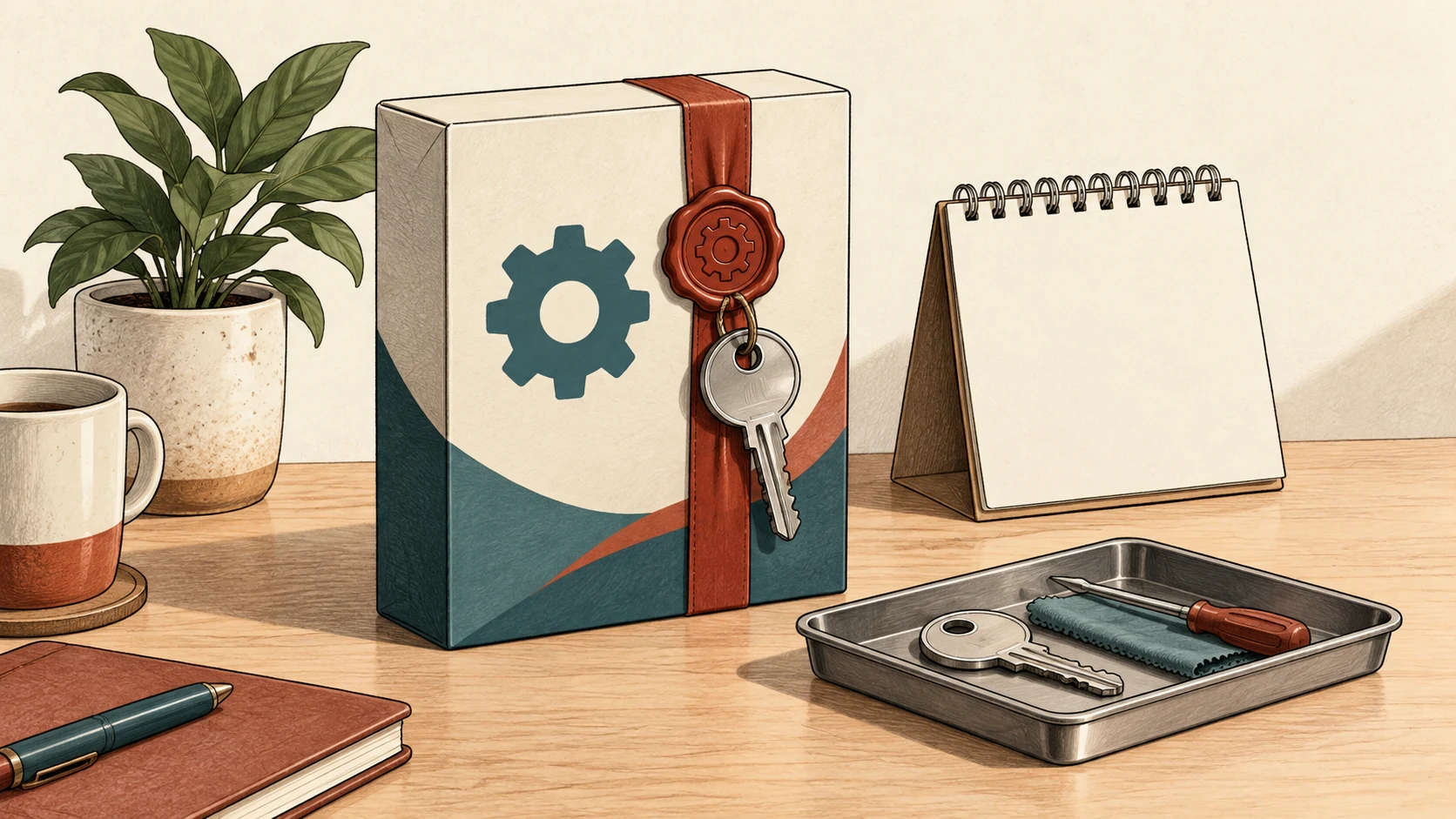 A sealed software package, metal keys, a blank calendar and a maintenance tray represent changing signing credentials.