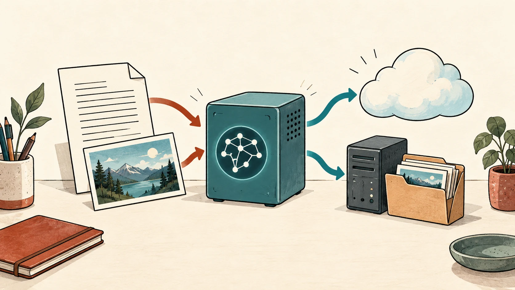 Editorial illustration of text and image input connecting to a model, with cloud API and server deployment branches.