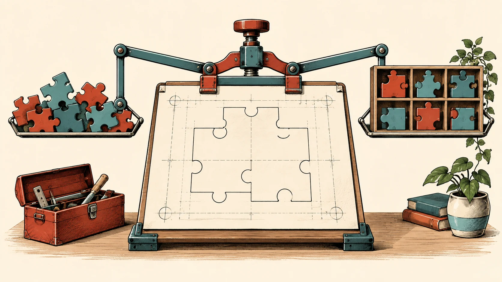 Puzzle pieces and library blocks are matched to a project blueprint through a drafting clamp.