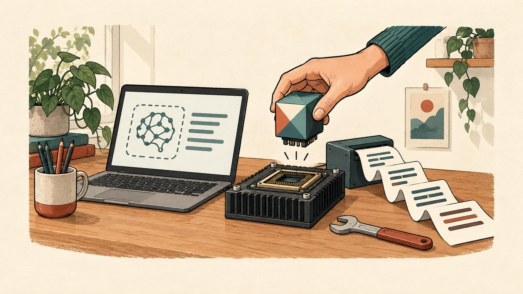 A specific model cartridge is fitted to a matching chip on a research desk, beside a laptop and abstract text sheets.