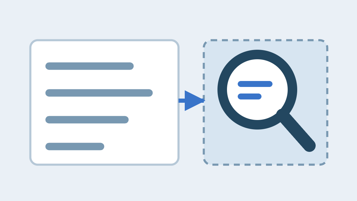 Records, an arrow and a magnifying glass within a dashed boundary represent review within a defined investigation scope.