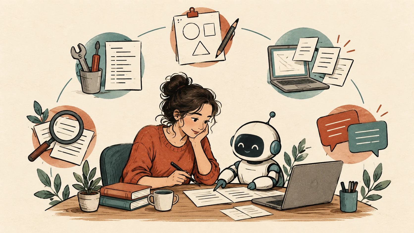 A researcher and agent work together, surrounded by design, build, run, analysis and communication objects.