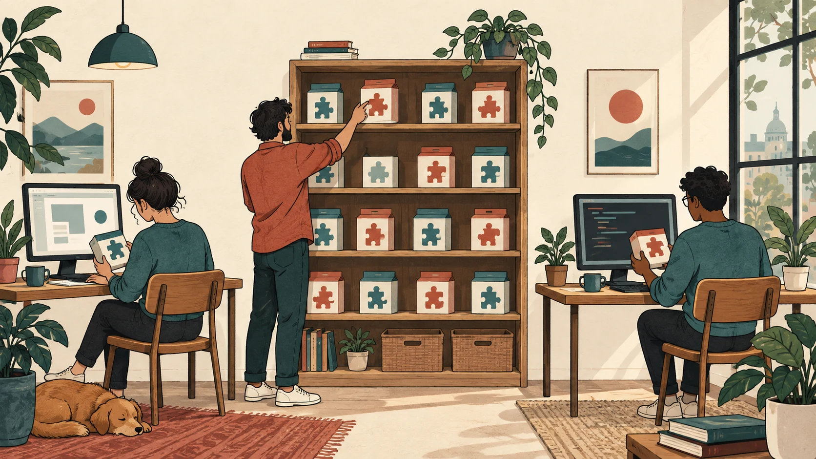 Conceptual illustration of a maker supplying a plugin catalog and two users selecting modules