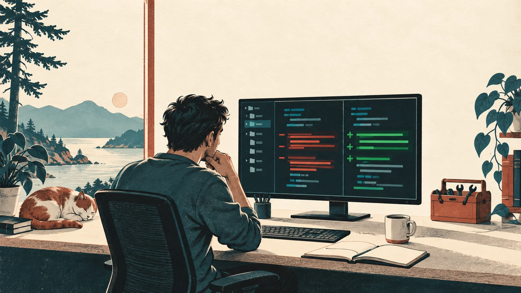Conceptual illustration of a developer inspecting code changes at a terminal workspace