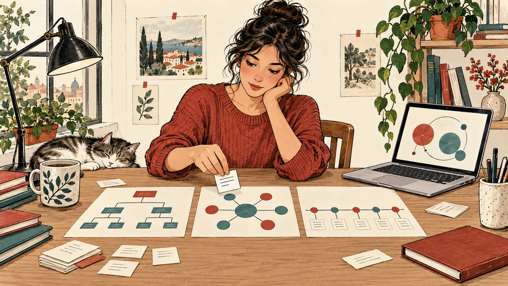 A person arranges relationship cards into diagrams and views one in a browser.