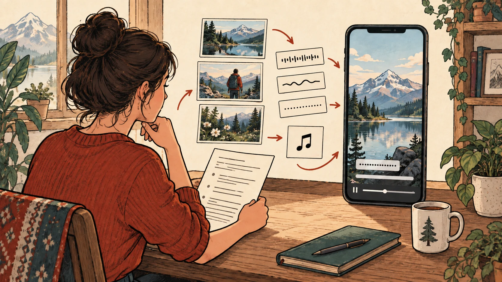 A person combines a script, footage, captions and music into a short video.