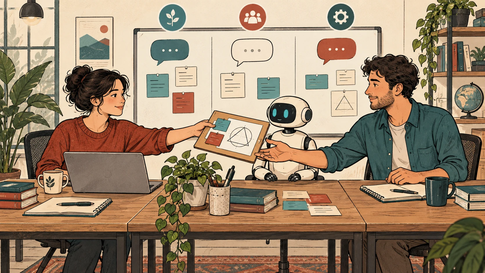Conceptual illustration of two colleagues and an AI agent handing over materials at a shared work board
