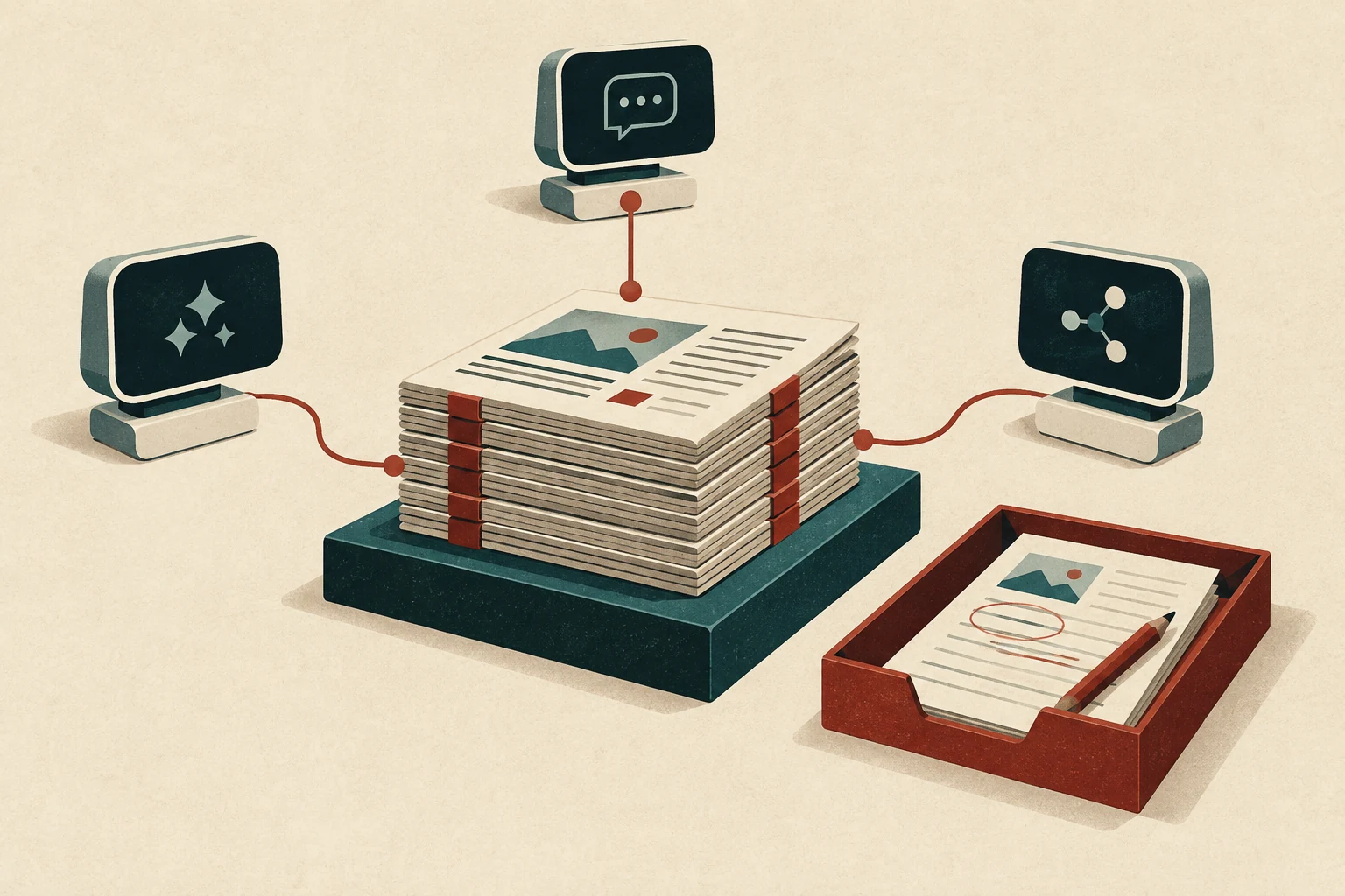 Several generic tools connect to a shared article stack, with a separate draft tray for staged edits; a conceptual illustration, not a product screenshot.