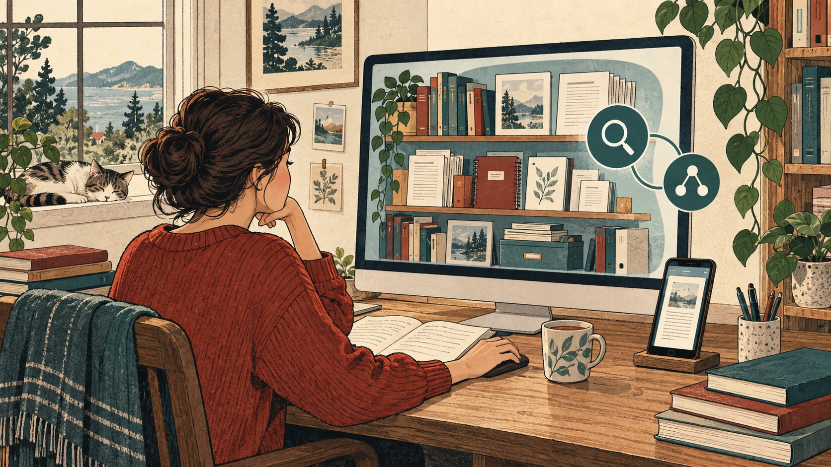 A reader explores a desktop library while a phone separately displays one document.