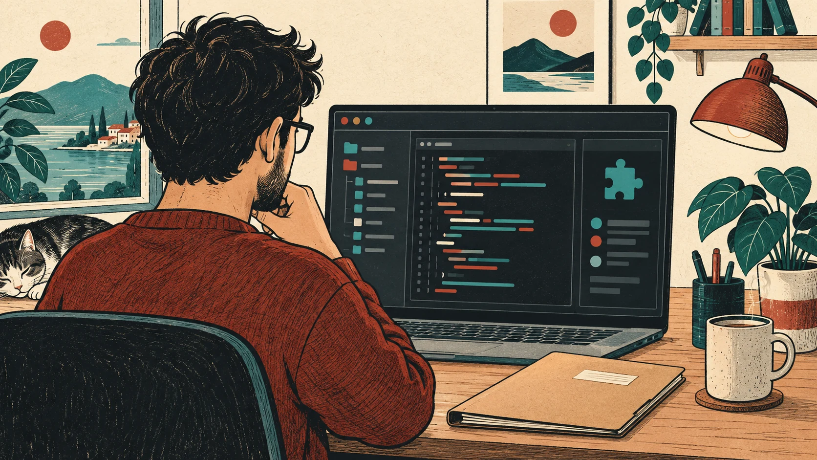 Conceptual illustration of a developer viewing an editor nested inside a terminal