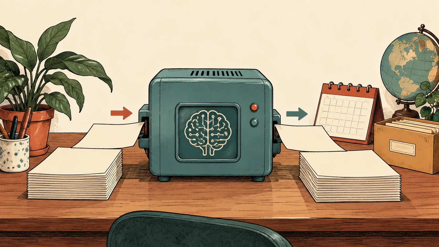 Editorial illustration of input and output papers passing through a model, with a calendar and archive box.