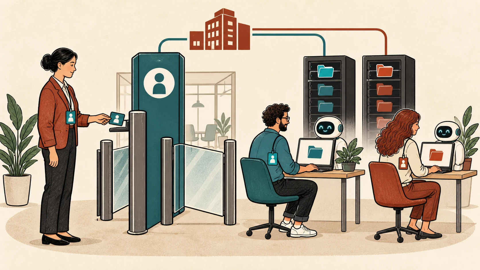 A company identity gateway connects employees to their authorized project folders, illustrating managed access